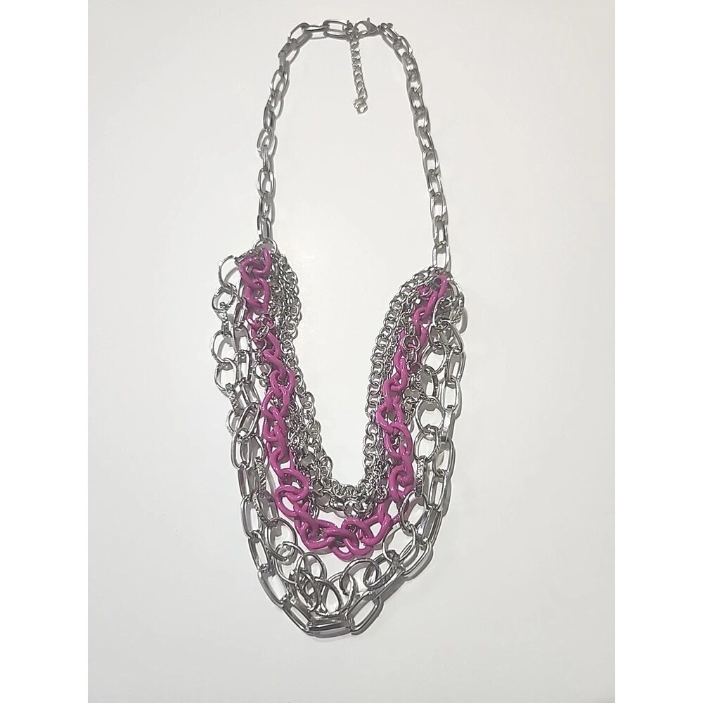 Pink And Silver Toned 5 Strand Metal Chain Link  Statement BIB Necklace 8.5"